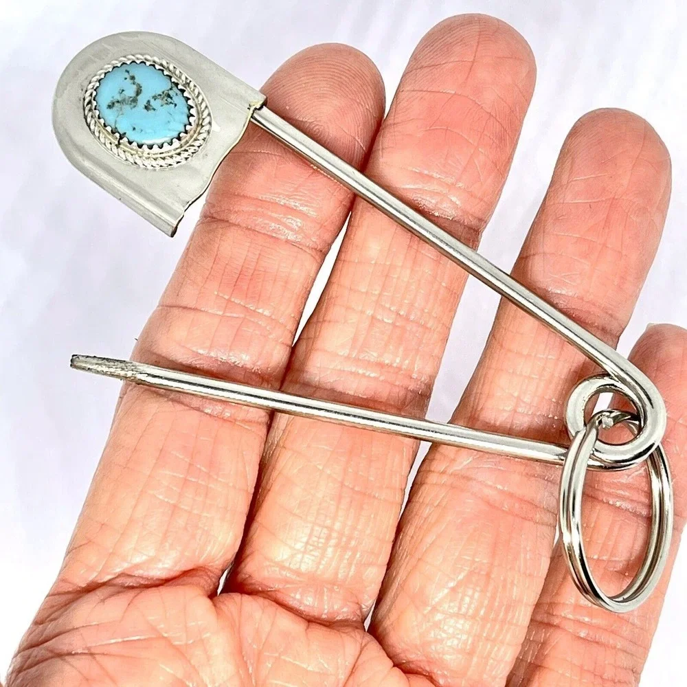 Giant‎ Safety Pin Keyring Turquoise Nugget Key Chain Tag 4in Navajo Mens Gift